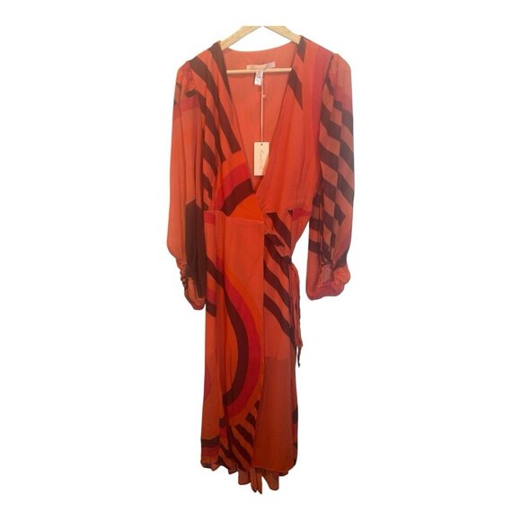 Hutch Lindie Geo Print Long Sleeve Wrap Dress Small Coral Lined NWT $297 - Picture 4 of 10